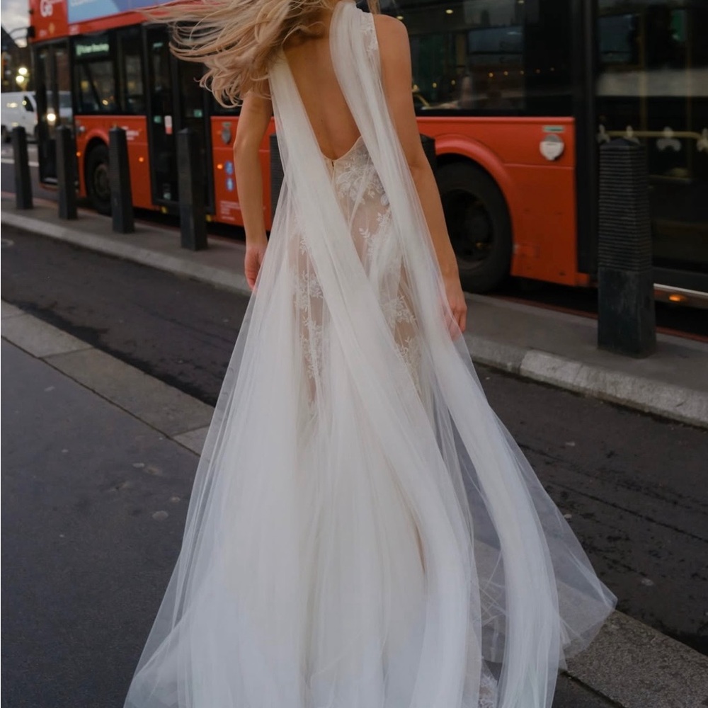 Liz Martinez Cleo A-Line Beaded Tulle Wedding Gown w/ Scarf - Picture 7 of 8